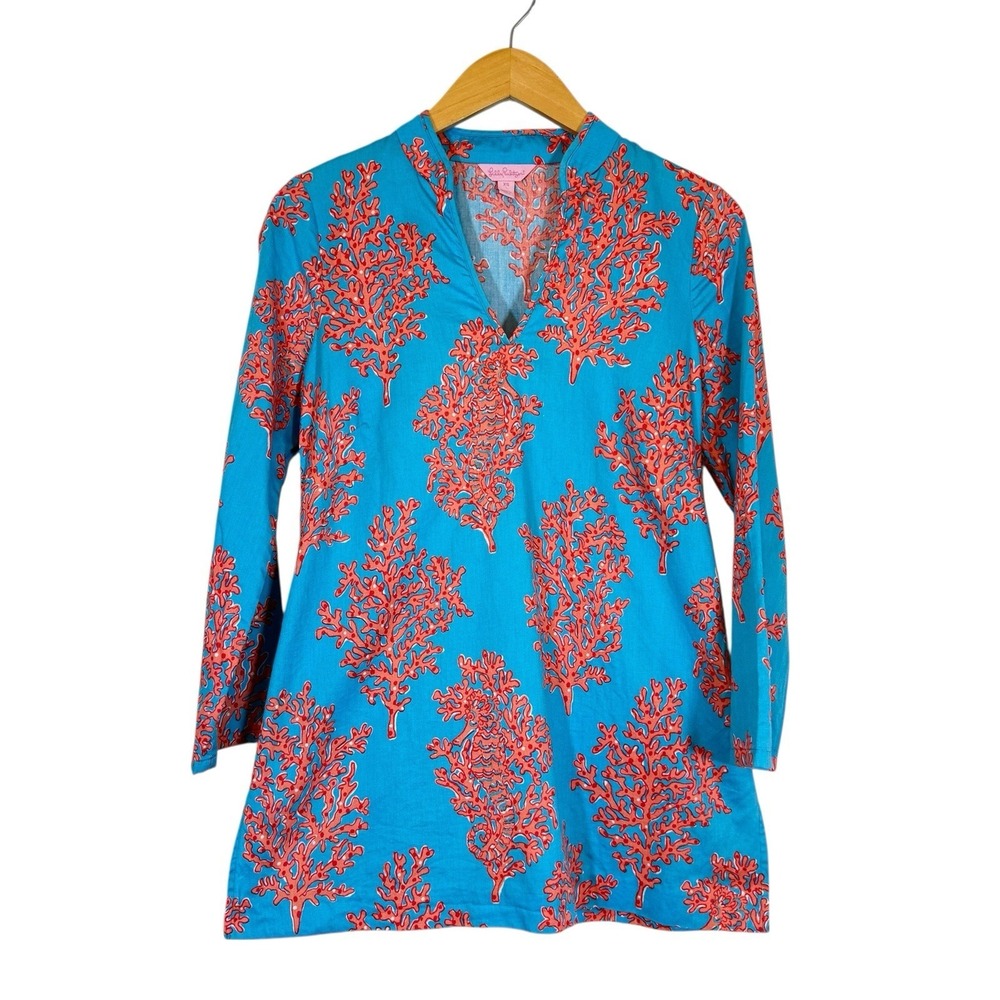Lilly Pulitzer XS Ciara Tunic Mandarin Collar Coral‎ and Turquoise Beach Ocean